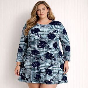 Avenue Dress Womens 26/28 NWT Blue‎ Floral Houndstooth Long Sleeve Plus Size